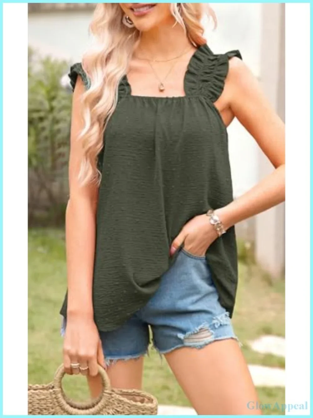 Boho Floral Ruffle Sleeveless Tank Top Women Pleated Square Neck Summer Blouse